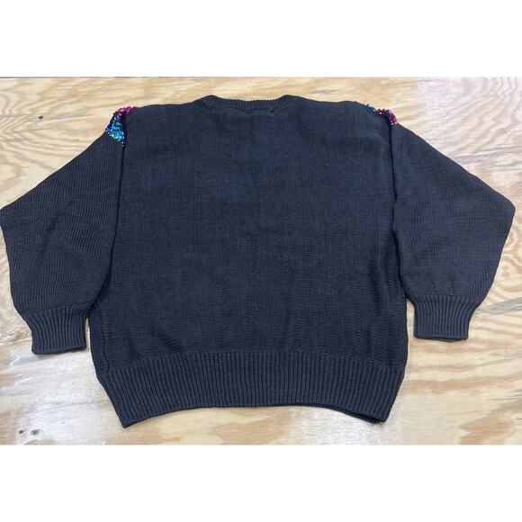 Vintage Mr Noah Floral Christmas Sweater Embroidery Sequins Black Size Medium - Picture 6 of 13
